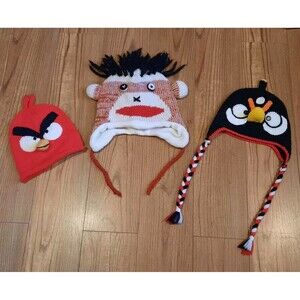 Bundle Lot Of 3 Novelty Funny Knit Beanie Hat 2 Angry Birds 1 Sock Monkey Unisex